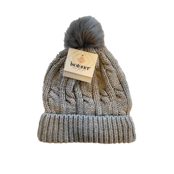 Isotoner Gray Cable Knit Beanie Cap with Pom New - Picture 1 of 5